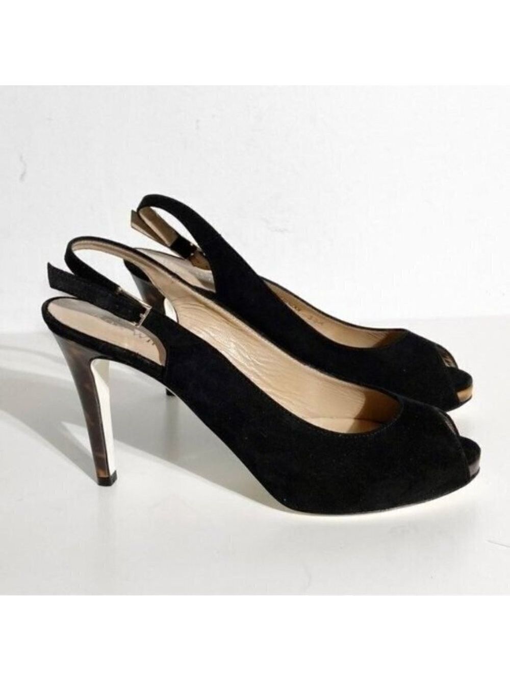 Ron White "Brooks" Peep Toe Sling Back Heel Brand New Suede Black Italy